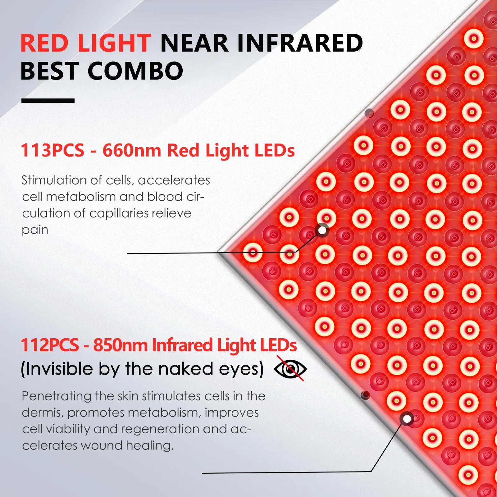 225pcs LED Red Light Panel Lamp For Facial Anti Aging Skin Care Beauty LED Light Body Pain Relief 850nm Near Infrared Heating